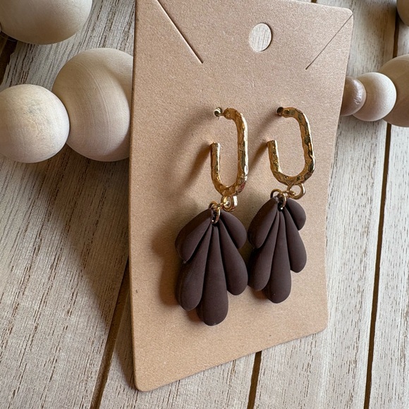 Handmade Brown Petal Earrings with Gold Hoops | Trendy Boho Statement Jewelry - Picture 1 of 7